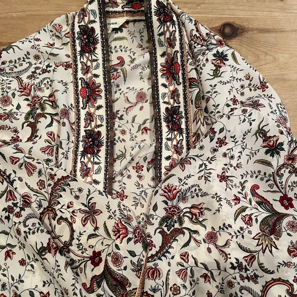 NWOT Max Studio Cream Sage Green Burgundy Paisley Floral Kimono Cardigan L - Picture 3 of 9